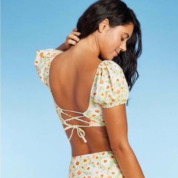 NWT WILD FABLE WOMENS BIKINI TOP PUFF SLEEVE GREEN FLOWER PRINT - Picture 2 of 7